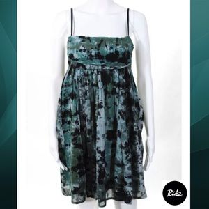 RIKA Green/Blk Watercolor Print Empire Waist Dress